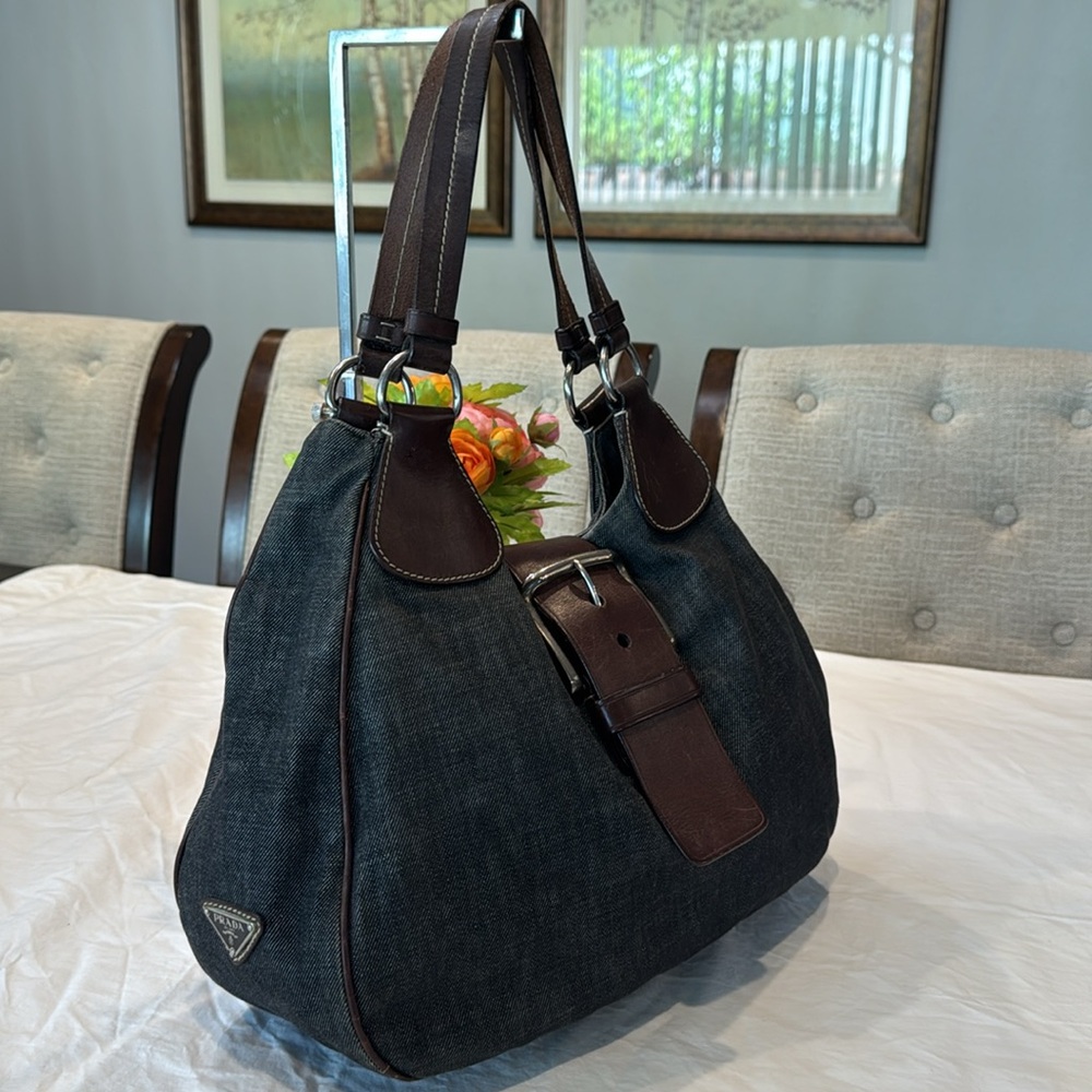 Authentic Prada Dark Denim and Brown Hobo Shoulder Bag